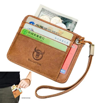BULLCAPTAIN Men's Genuine Leather Credit Card Holder Mini RFID Protection Card Bag Thin Coin Purse with Rope