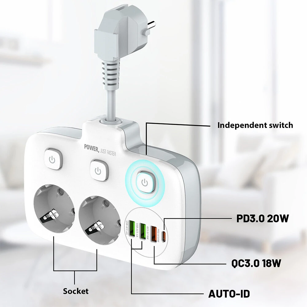 LDNIO Multi-socket Power Strip 2 EU Outlet with 3 USB 1 Type-C Port Multiple Socket Switch European Splitter Socket