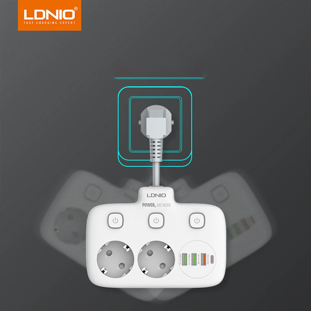 LDNIO Multi-socket Power Strip 2 EU Outlet with 3 USB 1 Type-C Port Multiple Socket Switch European Splitter Socket