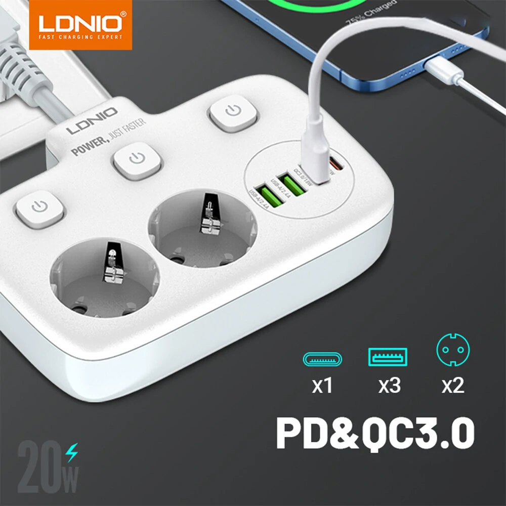 LDNIO Multi-socket Power Strip 2 EU Outlet with 3 USB 1 Type-C Port Multiple Socket Switch European Splitter Socket