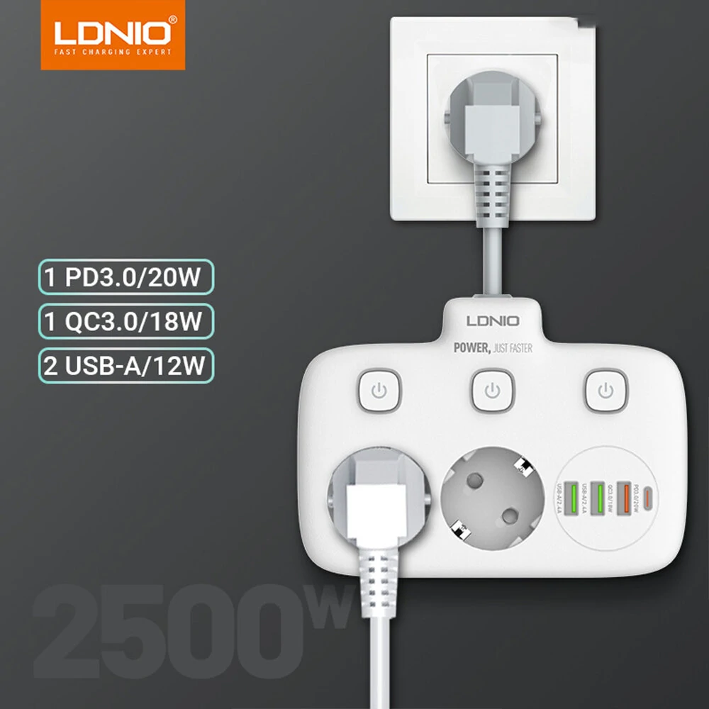 LDNIO Multi-socket Power Strip 2 EU Outlet with 3 USB 1 Type-C Port Multiple Socket Switch European Splitter Socket