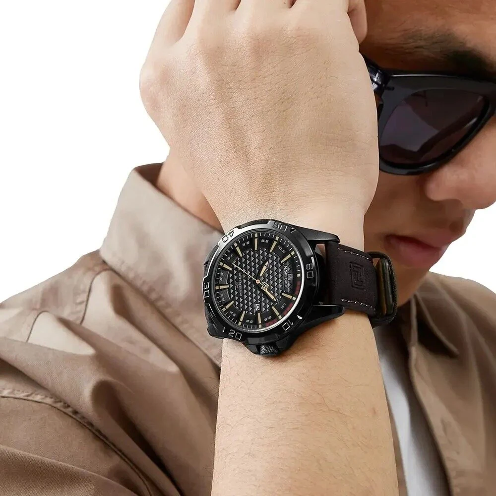 NAVIFORCE Men Casual Sport Watch Calendar Quartz Wrist Watch Waterproof Shock Resistant Men Watches Leather Strap