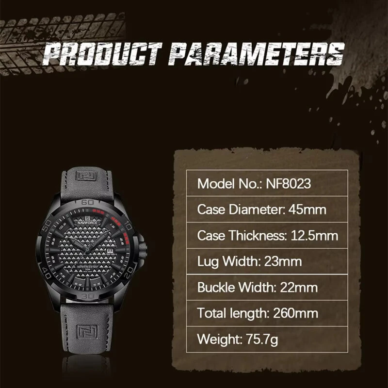 NAVIFORCE Men Casual Sport Watch Calendar Quartz Wrist Watch Waterproof Shock Resistant Men Watches Leather Strap