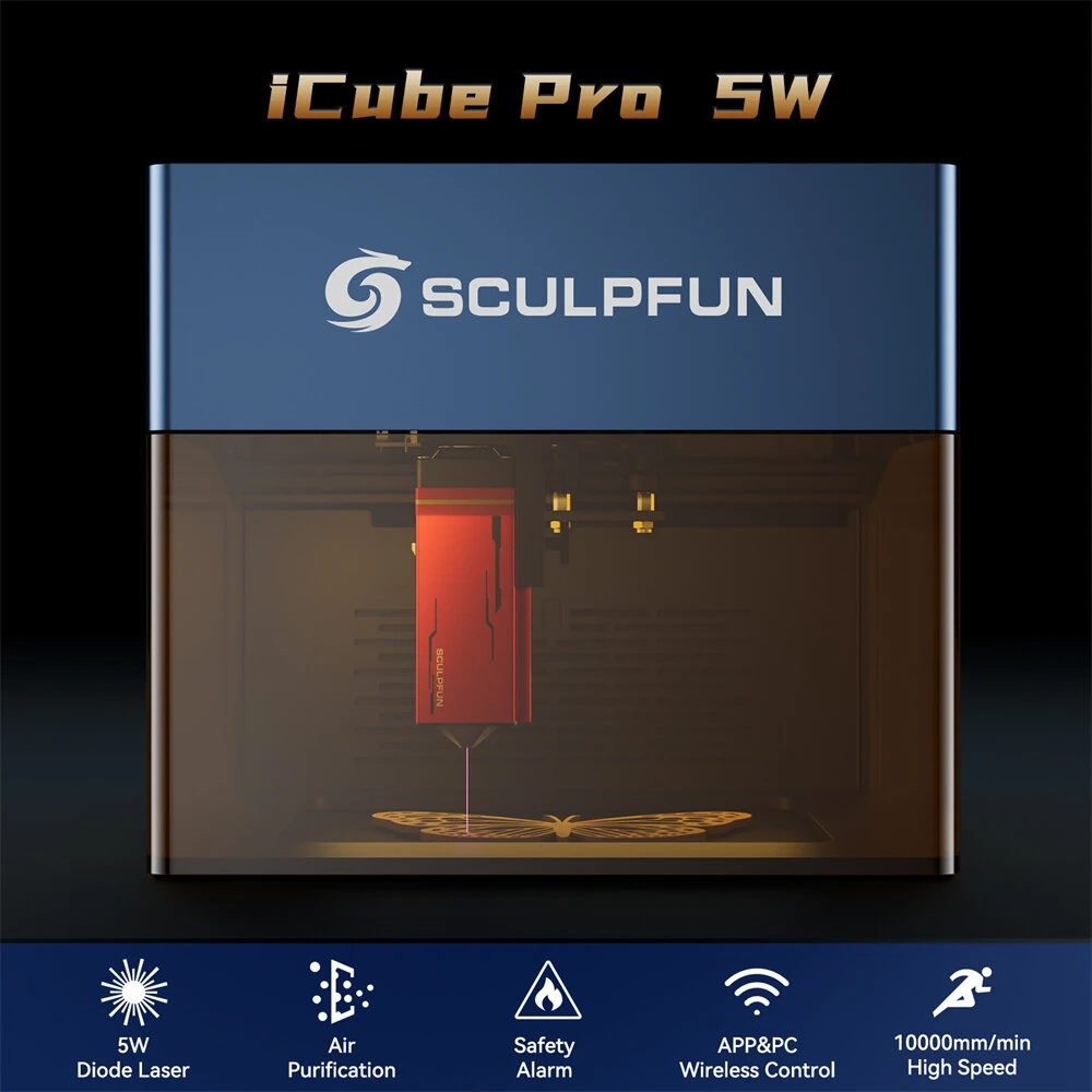 Refurbished SCULPFUN iCube Pro 5W Laser Engraver Portable Laser Engraving Machine with Smoke Filter Temperature Alarm 130x130mm Engraving Area