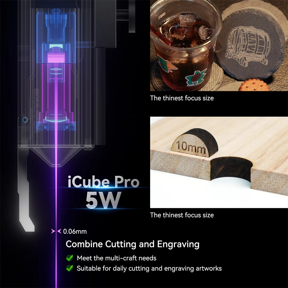 Refurbished SCULPFUN iCube Pro 5W Laser Engraver Portable Laser Engraving Machine with Smoke Filter Temperature Alarm 130x130mm Engraving Area