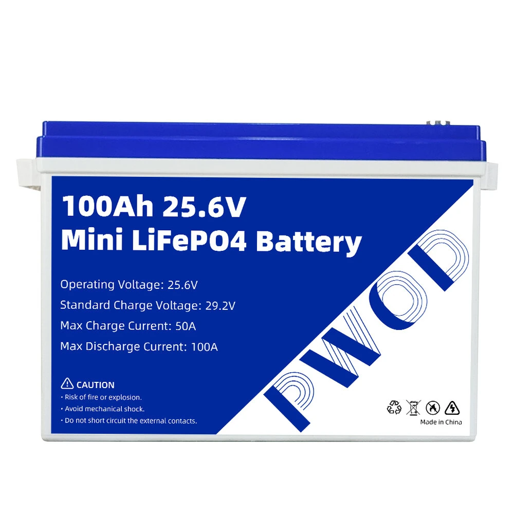 PWOD 25.6V 100Ah 2560Wh Mini LiFePO4 Battery Storage Box RV & Boat Lithium Battery Built-in BMS IP65 Protection