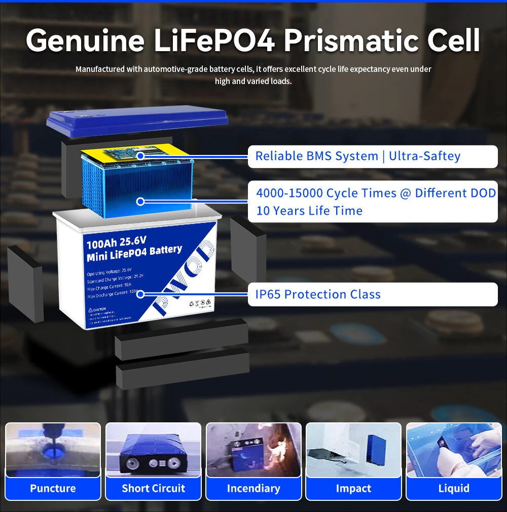 PWOD 25.6V 100Ah 2560Wh Mini LiFePO4 Battery Storage Box RV & Boat Lithium Battery Built-in BMS IP65 Protection