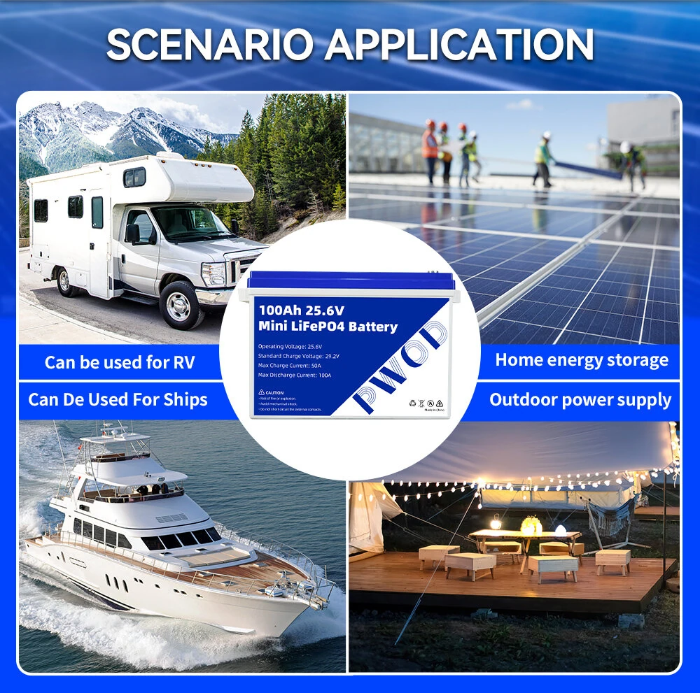 PWOD 25.6V 100Ah 2560Wh Mini LiFePO4 Battery Storage Box RV & Boat Lithium Battery Built-in BMS IP65 Protection
