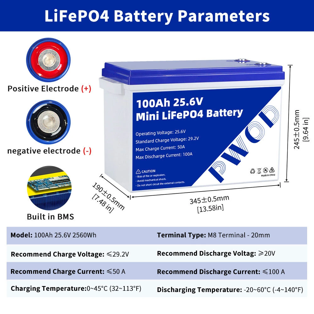 PWOD 25.6V 100Ah 2560Wh Mini LiFePO4 Battery Storage Box RV & Boat Lithium Battery Built-in BMS IP65 Protection
