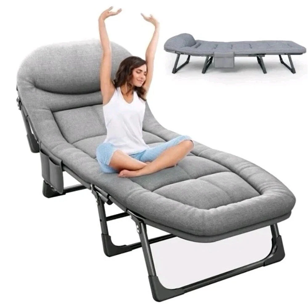 IPRee Folding Outdoor Chaise Lounge Chair, for Sun Tanning, Portable Sleeping Camping Foldable Bed with Mattress and Pillow-190*66*35cm