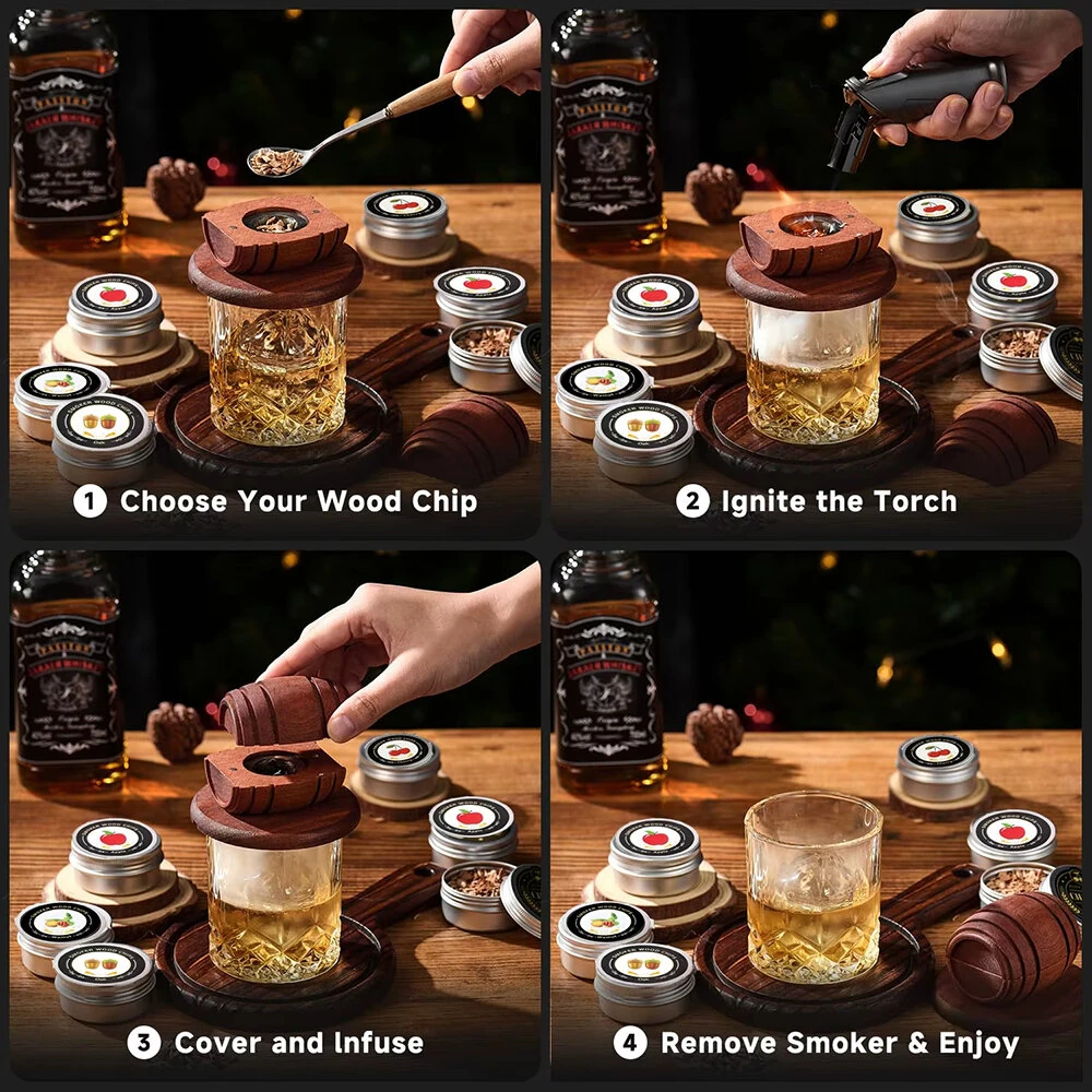 6 Flavors Whiskey Smoker Kit with Wood Chips Old Fashioned Drink Smoker Infuser for Cocktails Birthday Bourbon Gifts