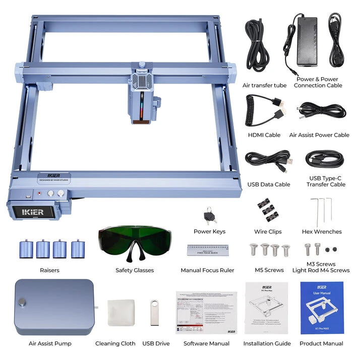 iKier K1 Pro Max 48W/24W Power Switching Engraving Machine Engraver Laser Cutter With 4.3" Touch Screen / Air Assist 900mm/s Ultra Fast Speed Motorized Z-axis Autofocus