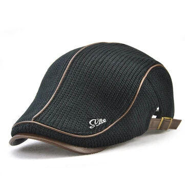 Collrown Knitted Berets Patchwork Leather Brim Men Flat Cap Retro Visor Hat Autumn Winter Warmer Casual Crochet Hat Forward Cap