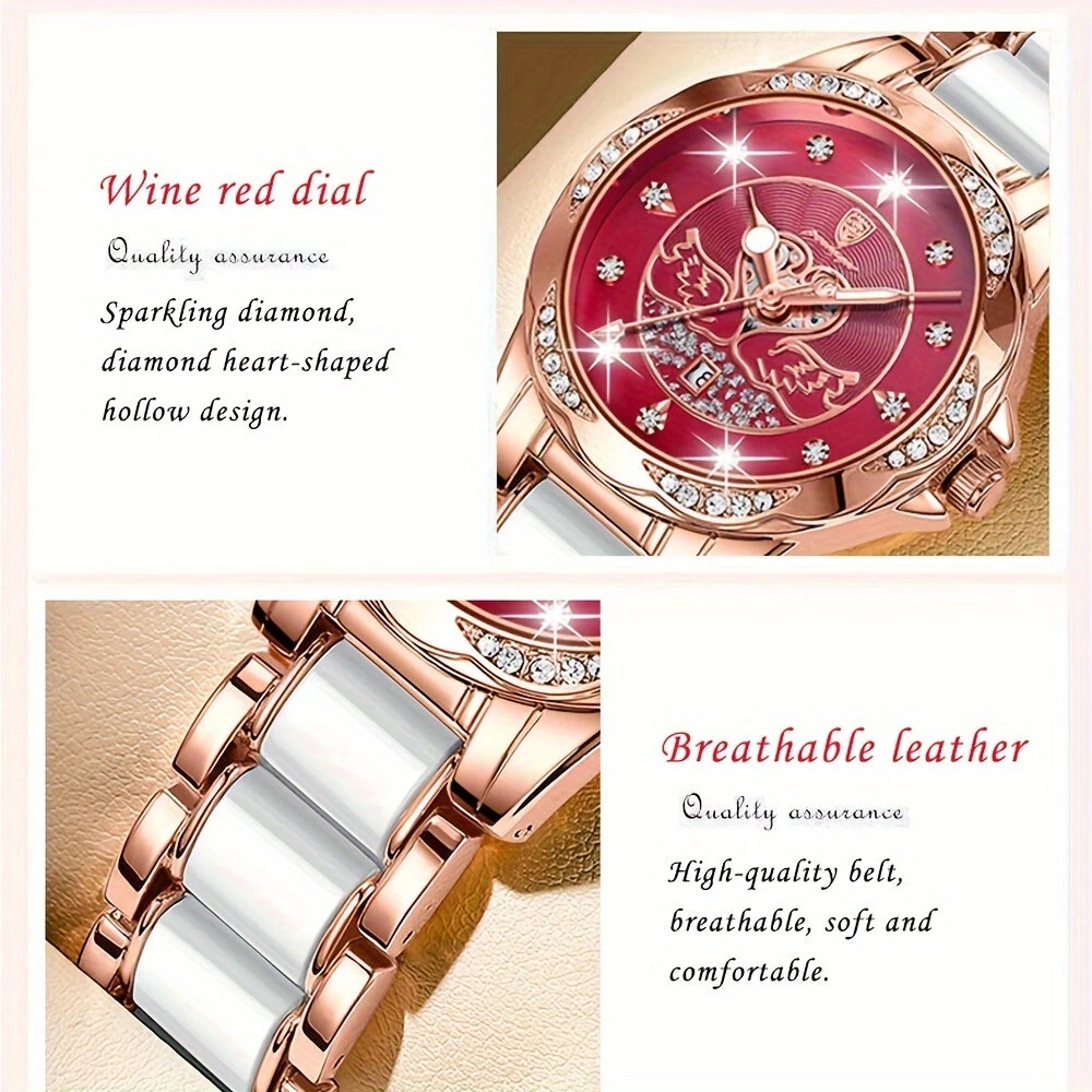 POEDAGAR Women's Luxury Rhinestones Swan Quartz Watch Waterproof Luminous Fashion Date Dial Analog Ceramic Band Wrist Watch