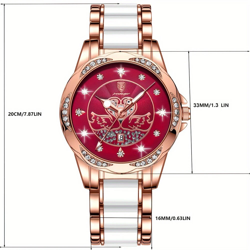 POEDAGAR Women's Luxury Rhinestones Swan Quartz Watch Waterproof Luminous Fashion Date Dial Analog Ceramic Band Wrist Watch