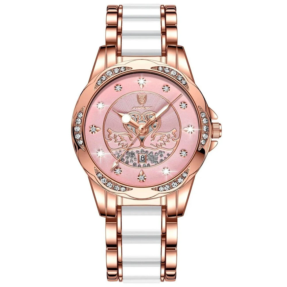 POEDAGAR Women's Luxury Rhinestones Swan Quartz Watch Waterproof Luminous Fashion Date Dial Analog Ceramic Band Wrist Watch