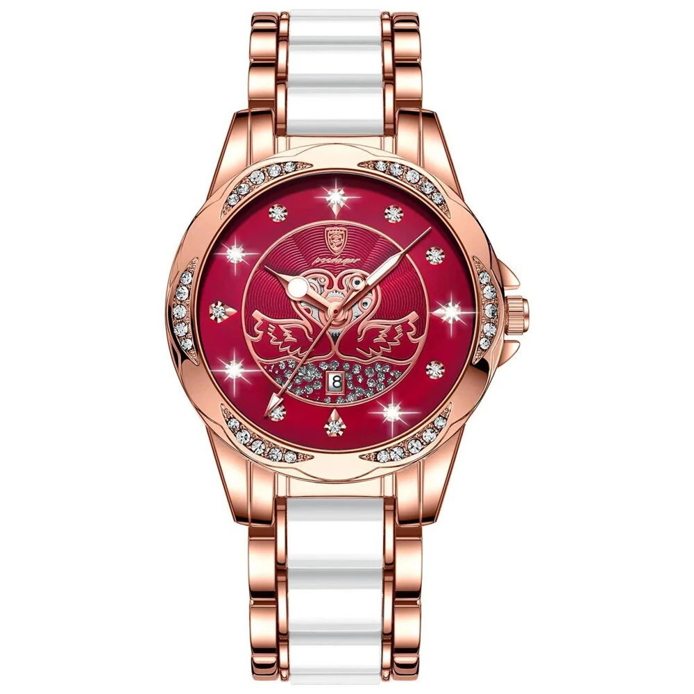POEDAGAR Women's Luxury Rhinestones Swan Quartz Watch Waterproof Luminous Fashion Date Dial Analog Ceramic Band Wrist Watch