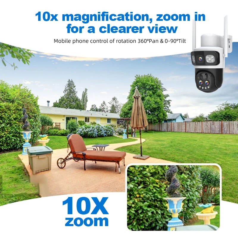 Guudgo 2K 10X Zoom UHD Solar PTZ Security Camera with Solar Panel 360°HD Color Night Vision AI Motion Detection Two-way Voice Intercom Wireless Solar Powered Waterproof WIFI 4G Outdoor Camera