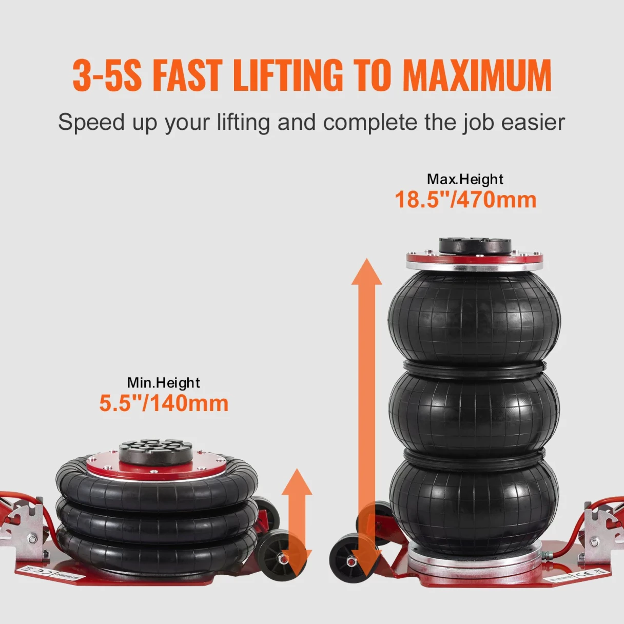 Mudiro Air Jack 5 Ton/11000 lbs Triple Bag Airbag Jack with Six Steel Pipes 18.5 inch/470 mm Lift up Fast Lifting Pneumatic Jack with Adjustable Handle for Car Garage Repair