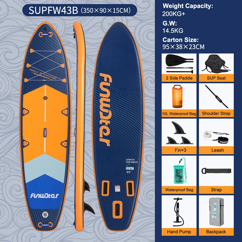 [EU Direct] FunWater 350x90Xx15CM Wider Longer ISUP With Seat For Family Touring Solo Adventure, High Stability and Resistance Unisex Inflatable Stand Up Paddle Board Adult Surfboard, SUPFW43A SUPFW43B