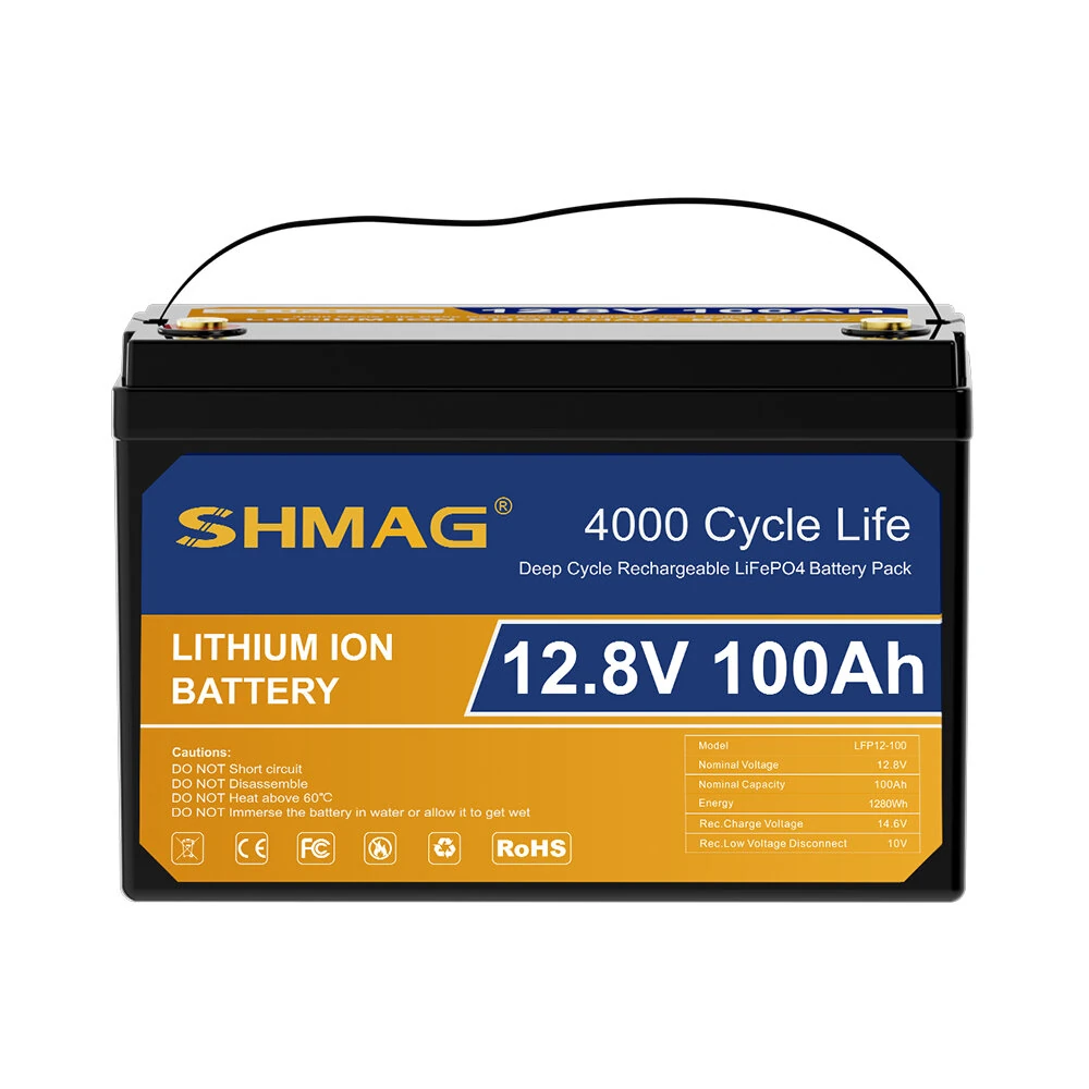 SHMAG 12.8V 100Ah LiFePO4 Battery Grade A Lithium Ion Reliable 4000 Cycle Life 1280Wh Energy Solar RV Camping Backup Power Fast Charging