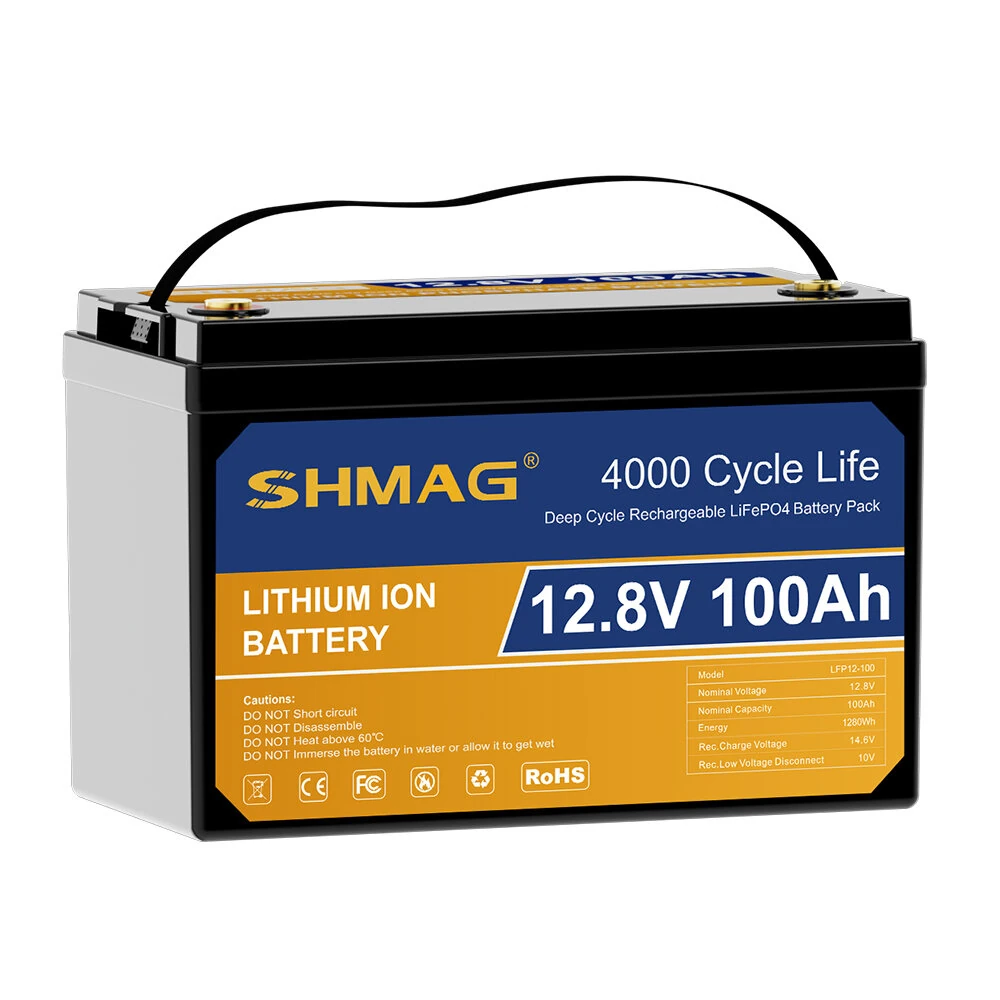 SHMAG 12.8V 100Ah LiFePO4 Battery Grade A Lithium Ion Reliable 4000 Cycle Life 1280Wh Energy Solar RV Camping Backup Power Fast Charging