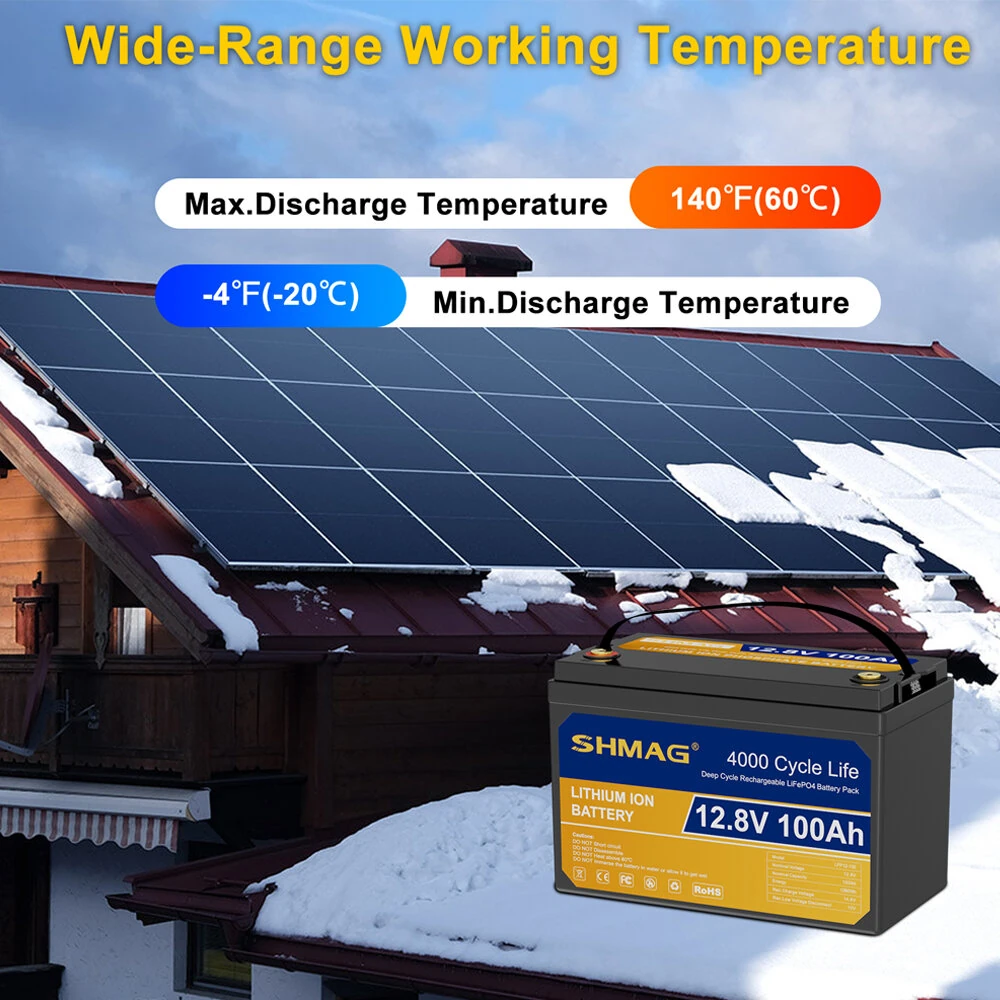 SHMAG 12.8V 100Ah LiFePO4 Battery Grade A Lithium Ion Reliable 4000 Cycle Life 1280Wh Energy Solar RV Camping Backup Power Fast Charging