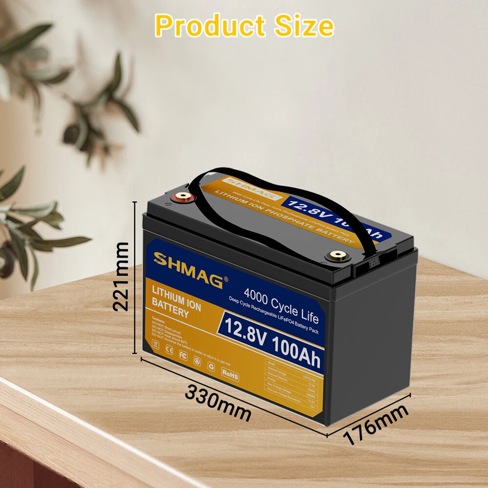 SHMAG 12.8V 100Ah LiFePO4 Battery Grade A Lithium Ion Reliable 4000 Cycle Life 1280Wh Energy Solar RV Camping Backup Power Fast Charging
