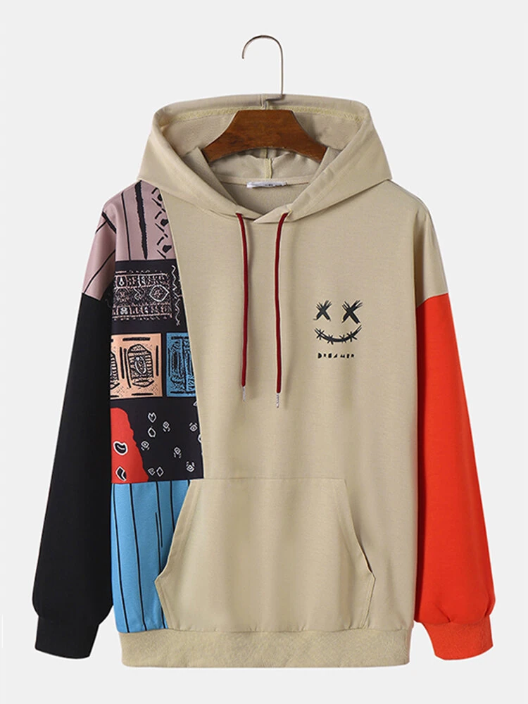 ChArmkpR Mens Ethnic Smile Print Color Block Patchwork Kangaroo Pocket Hoodies