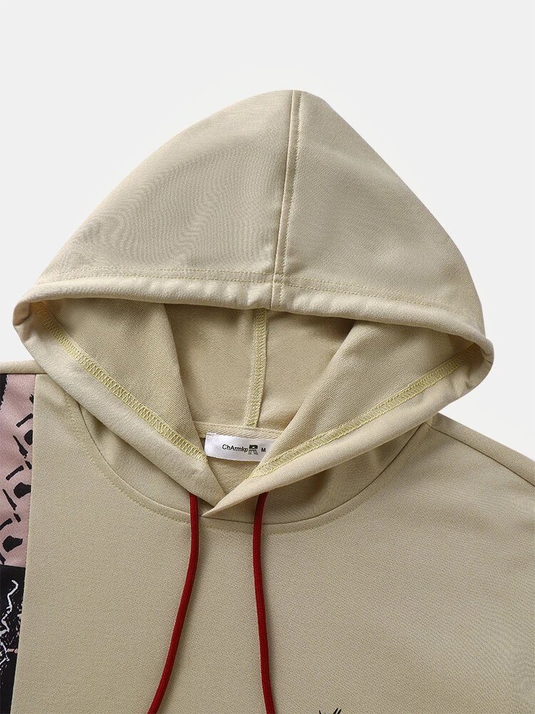 ChArmkpR Mens Ethnic Smile Print Color Block Patchwork Kangaroo Pocket Hoodies
