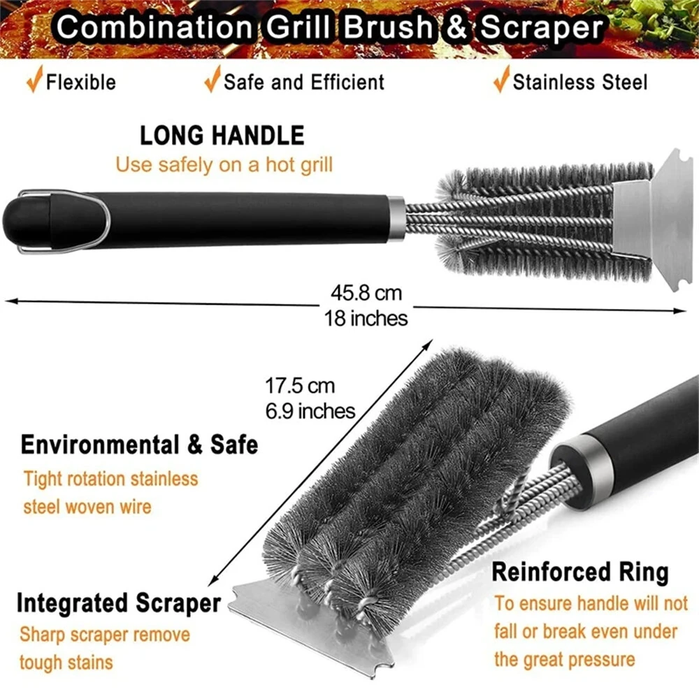 Long Handle BBQ Grill Cleaning Brush with Stainless Steel Scraper Bristles Cleaner Heavy Duty BBQ Tool Easy Stain Removal Grill Wire Brush Barbecue Accessories
