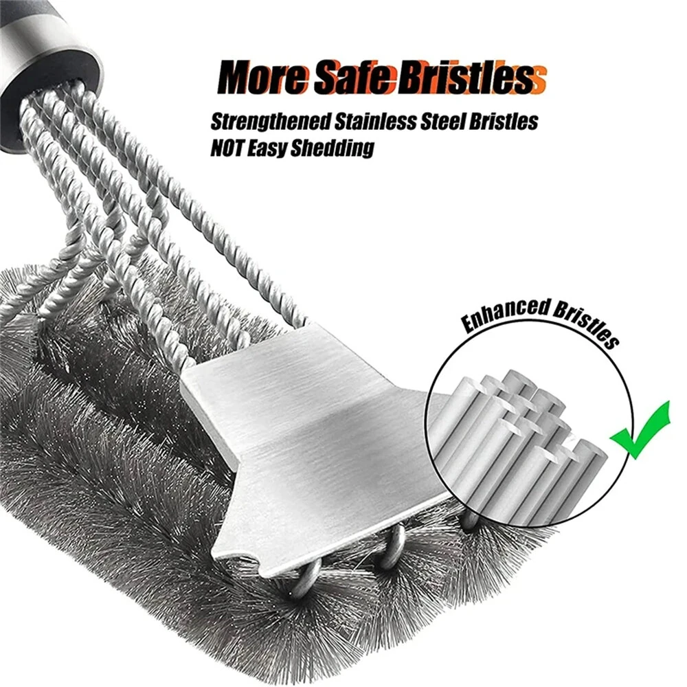 Long Handle BBQ Grill Cleaning Brush with Stainless Steel Scraper Bristles Cleaner Heavy Duty BBQ Tool Easy Stain Removal Grill Wire Brush Barbecue Accessories