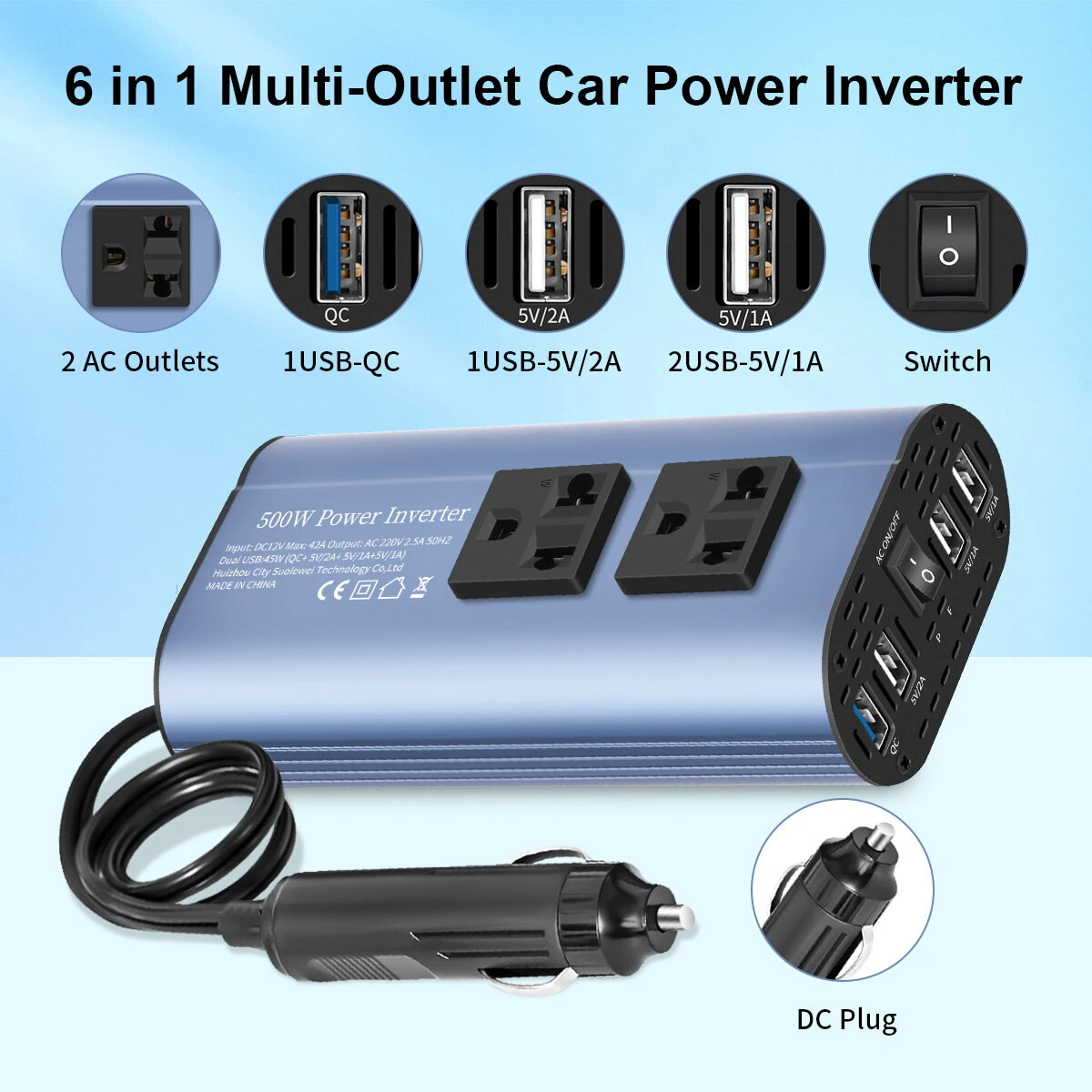 TATALIKEN Car Power Inverter 300/500W 12V to 110V / 220V 6 In 1 Multi Outlet Inverter Modified Sine Wave Car Power Converter EU/US Standard Sockets