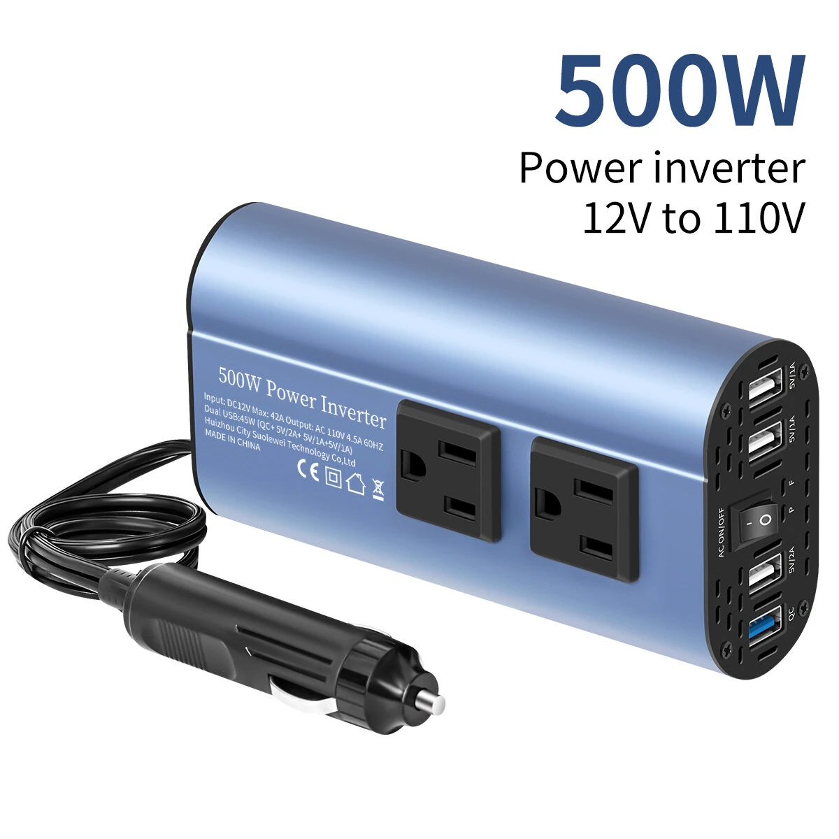 TATALIKEN Car Power Inverter 300/500W 12V to 110V / 220V 6 In 1 Multi Outlet Inverter Modified Sine Wave Car Power Converter EU/US Standard Sockets