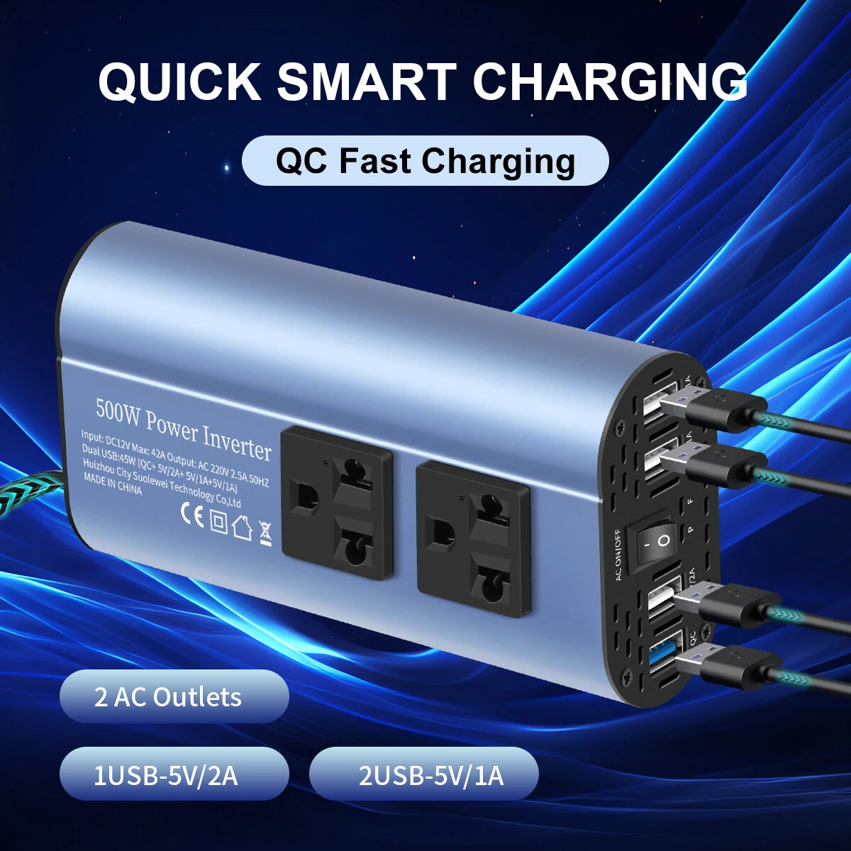 TATALIKEN Car Power Inverter 300/500W 12V to 110V / 220V 6 In 1 Multi Outlet Inverter Modified Sine Wave Car Power Converter EU/US Standard Sockets
