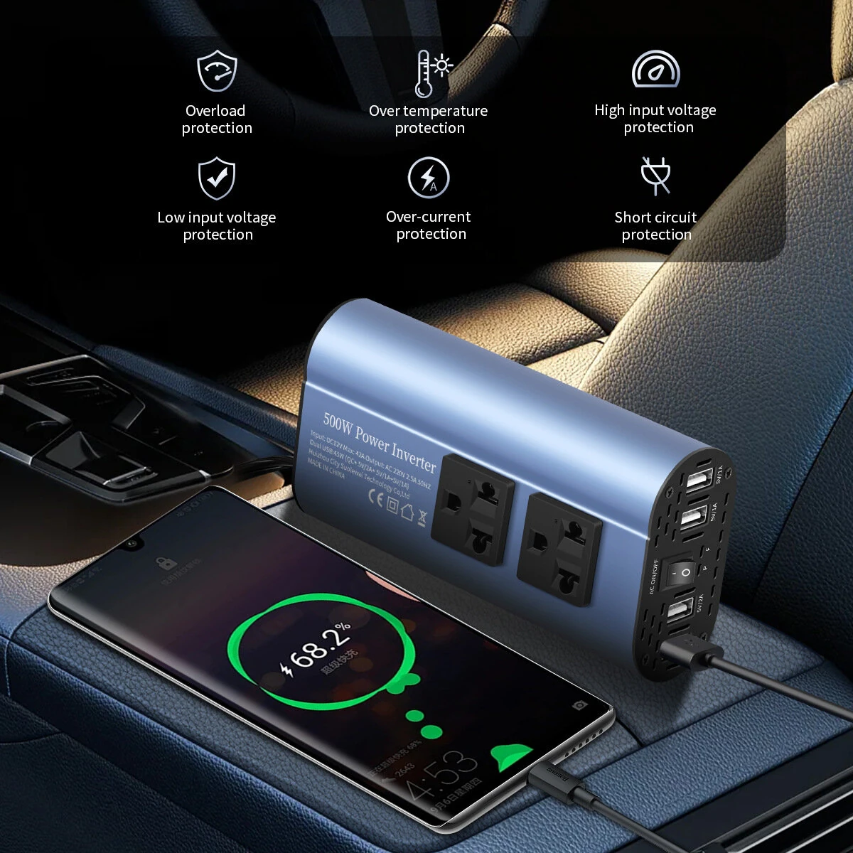 TATALIKEN Car Power Inverter 300/500W 12V to 110V / 220V 6 In 1 Multi Outlet Inverter Modified Sine Wave Car Power Converter EU/US Standard Sockets