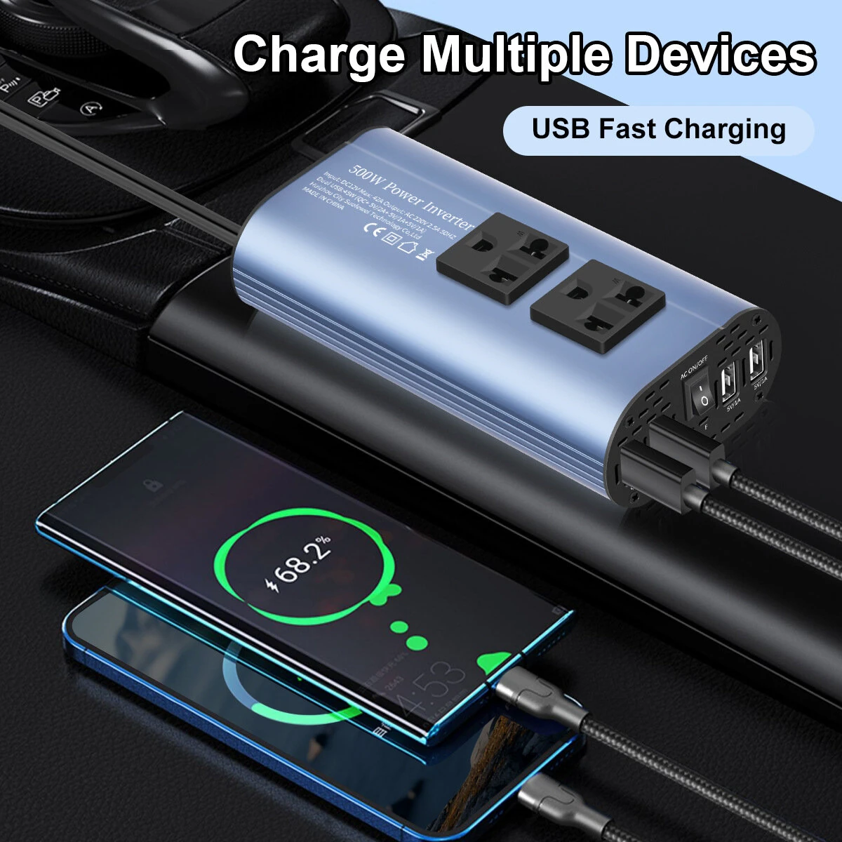 TATALIKEN Car Power Inverter 300/500W 12V to 110V / 220V 6 In 1 Multi Outlet Inverter Modified Sine Wave Car Power Converter EU/US Standard Sockets