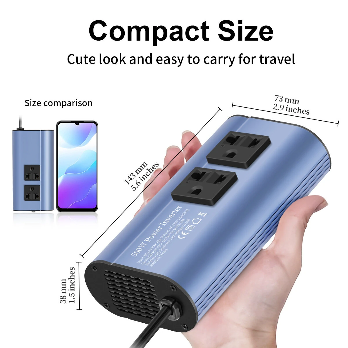 TATALIKEN Car Power Inverter 300/500W 12V to 110V / 220V 6 In 1 Multi Outlet Inverter Modified Sine Wave Car Power Converter EU/US Standard Sockets