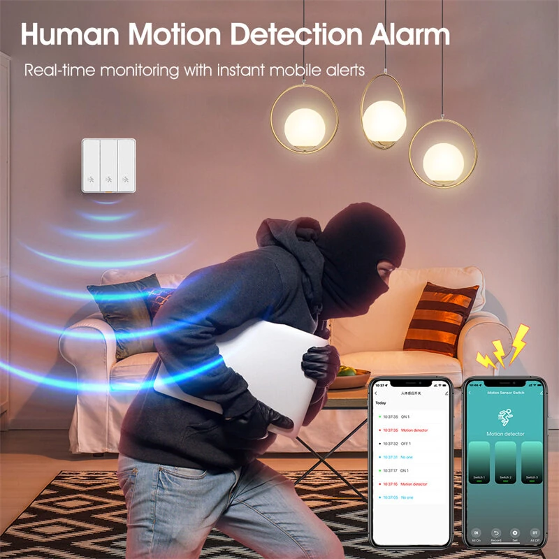 Tuya Zigbe 1/2/3 Gang Smart Wall Light Button Switch with 6M Radar Human Motion Detection Alarm Sensor No/Need Neutral Wire Switch 110-240V Smart Life APP