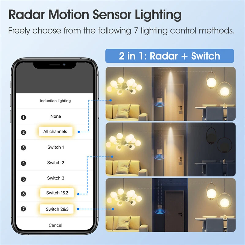 Tuya Zigbe 1/2/3 Gang Smart Wall Light Button Switch with 6M Radar Human Motion Detection Alarm Sensor No/Need Neutral Wire Switch 110-240V Smart Life APP