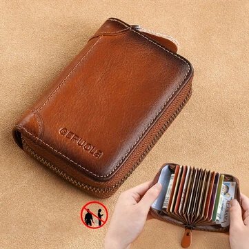 Ekphero RFID Blocking Genuine Leather Men's Card Holder, Vintage Cowhide Leather Large Capacity Multi-card Slot Short Credit Card Bag, Driver's License Leather Card Case,Money Clips Mini Bag