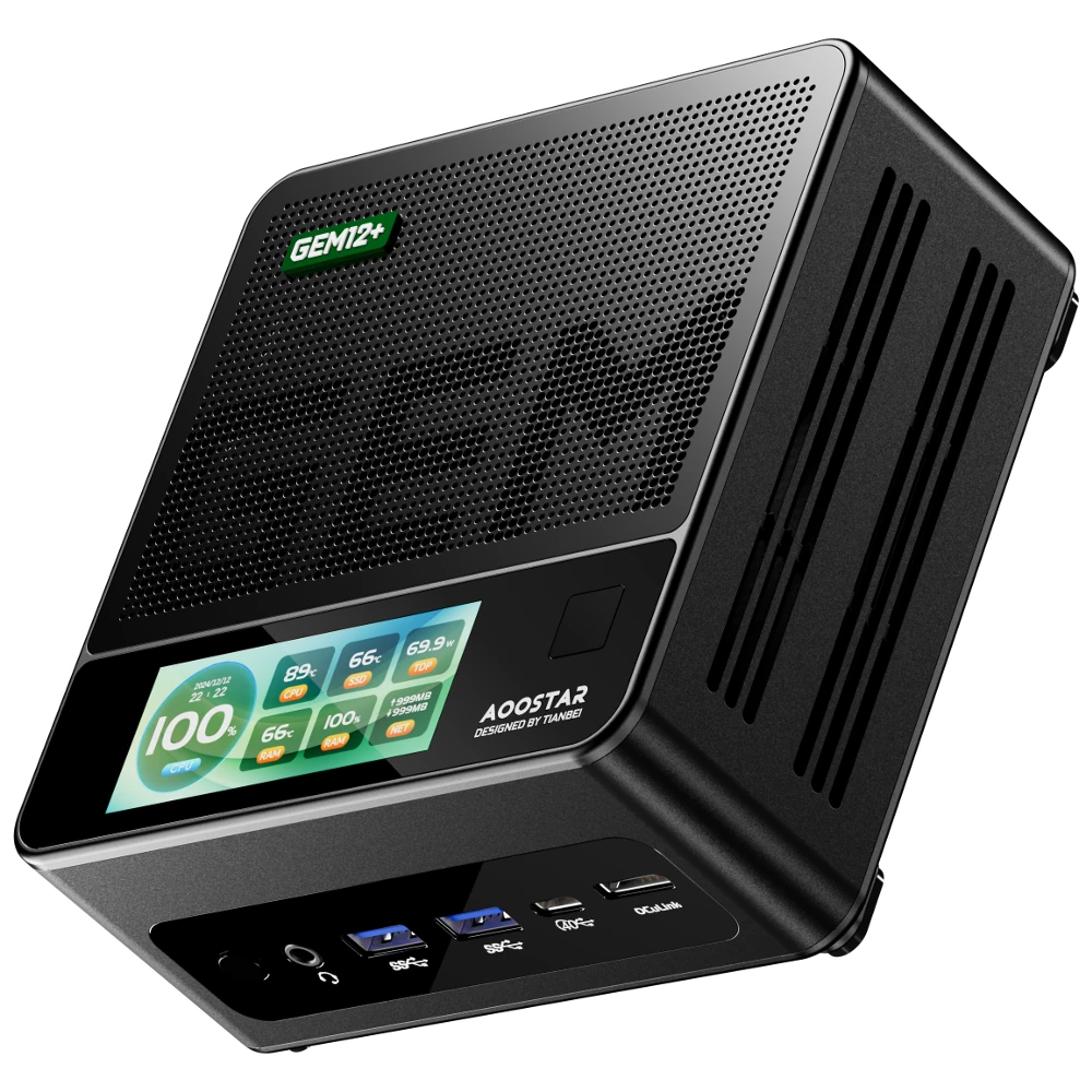 AOOSTAR GEM12+ Pro Mini PC With 2.86 Inch Screen Fingerprint Unlocking AMD Ryzen 7 Pro 8845HS 8 Core 16 Thread 32GB DDR5 RAM 1TB SSD 4K Quad Screen Output WIFI6 BT5.2 HD USB4 Dual 2.5G LAN Mini Computer Desktop PC