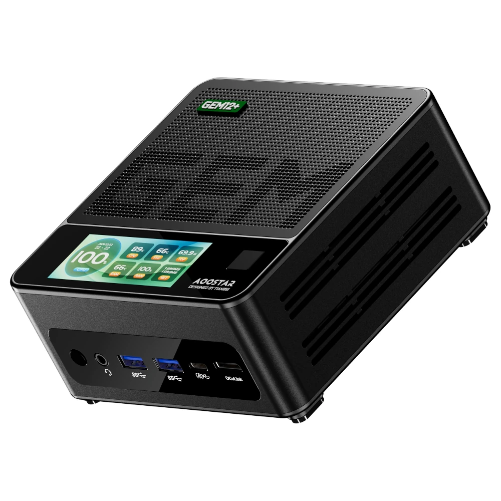 AOOSTAR GEM12+ Pro Mini PC With 2.86 Inch Screen Fingerprint Unlocking AMD Ryzen 7 Pro 8845HS 8 Core 16 Thread 32GB DDR5 RAM 1TB SSD 4K Quad Screen Output WIFI6 BT5.2 HD USB4 Dual 2.5G LAN Mini Computer Desktop PC