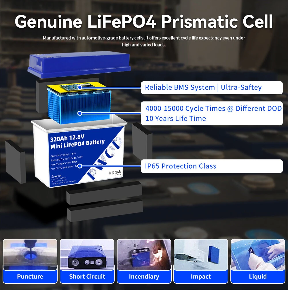 PWOD 12.8V 320Ah 3840Wh Mini LiFePO4 Battery Storage Box RV & Boat Lithium Battery Built-in BMS IP65 Protection