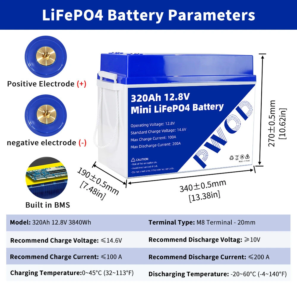 PWOD 12.8V 320Ah 3840Wh Mini LiFePO4 Battery Storage Box RV & Boat Lithium Battery Built-in BMS IP65 Protection