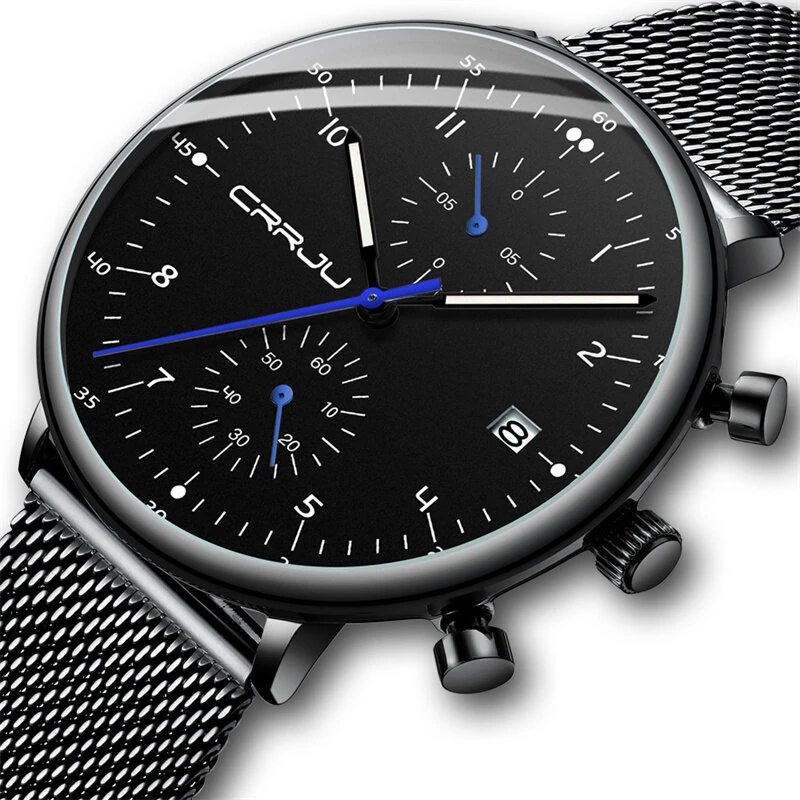 CRRJU Men's Watches Luxury Fashion Large Dial Watches Stainless Steel Quartz Watch Waterproof Chronograph Business Casual Wristwatch