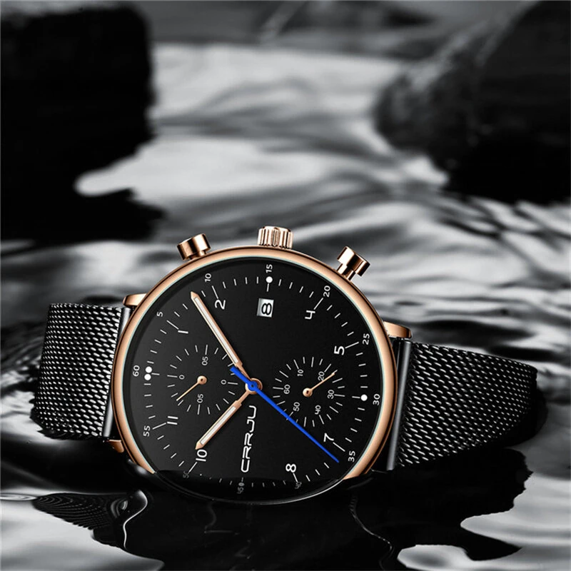 CRRJU Men's Watches Luxury Fashion Large Dial Watches Stainless Steel Quartz Watch Waterproof Chronograph Business Casual Wristwatch