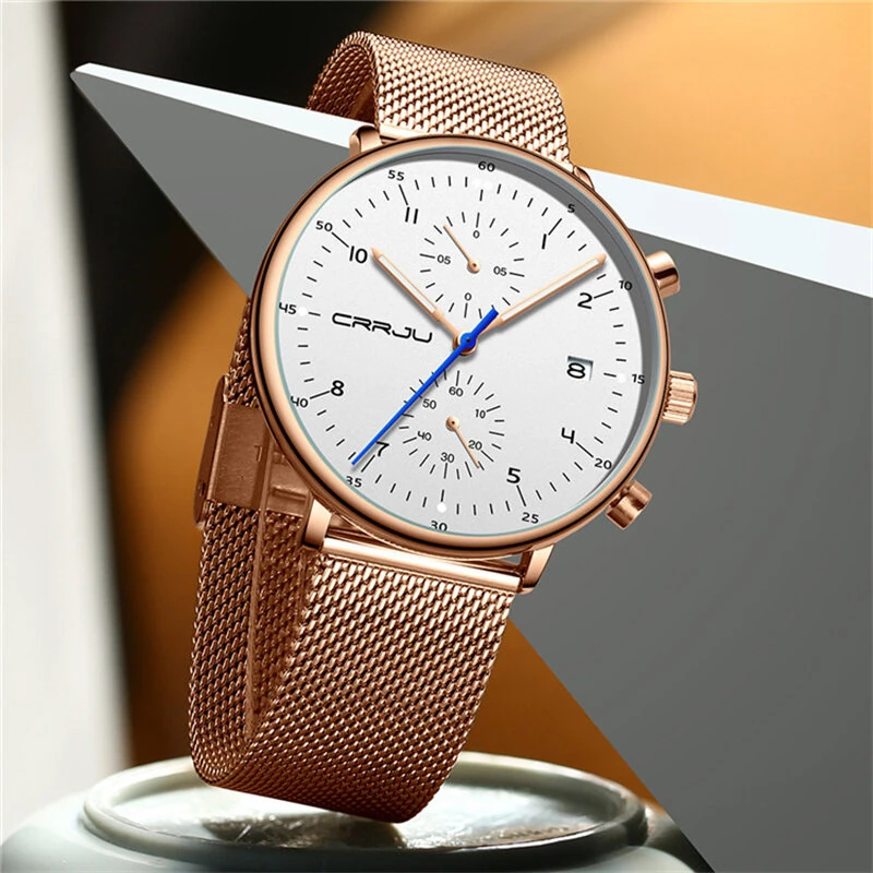CRRJU Men's Watches Luxury Fashion Large Dial Watches Stainless Steel Quartz Watch Waterproof Chronograph Business Casual Wristwatch
