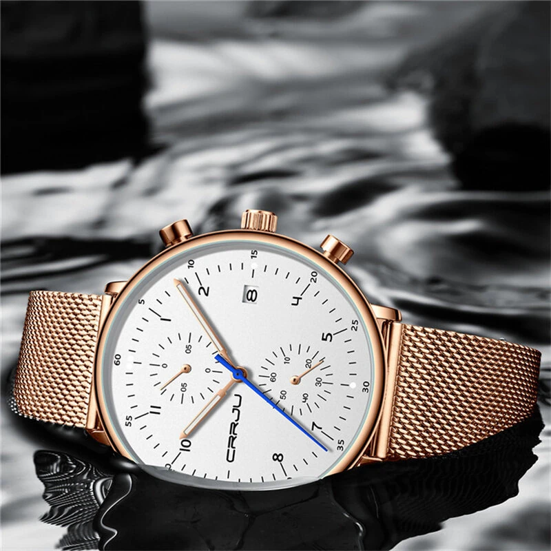 CRRJU Men's Watches Luxury Fashion Large Dial Watches Stainless Steel Quartz Watch Waterproof Chronograph Business Casual Wristwatch