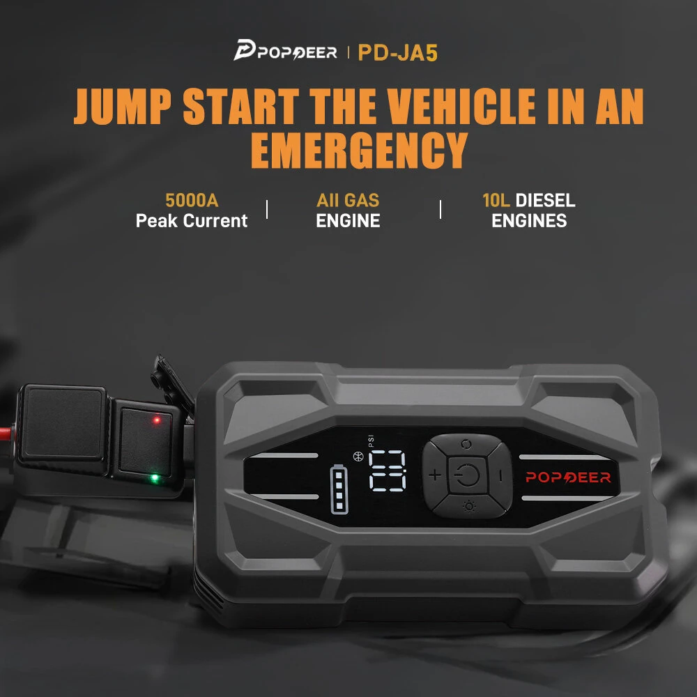 POPDEER PD-JA5 5000A Jump Starter with Air Compressor 150 PSI Tire Inflator 12V 37Wh Power Bank PD30W Type C Quick Charge LCD Display Flashlight Storage Case Suitable for 10L Gas or 8L Diesel Engines